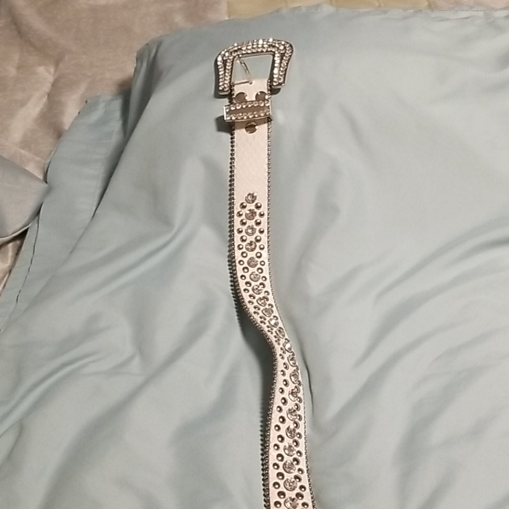 White jeweled leather belt